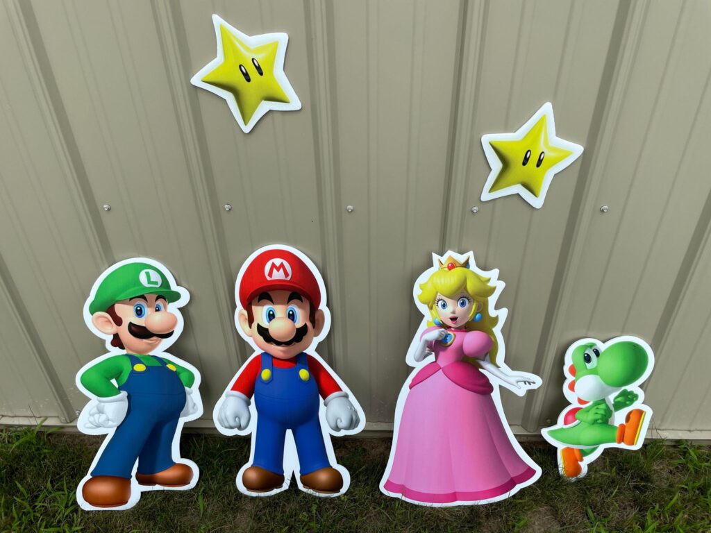 Super Mario Brothers. Luigi, Mario, Princess Peach, Yoshi, two stars. Themes