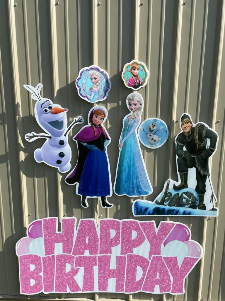 Pink Happy Birthday with the Characters Olaf, Anna, Elsa, and Kristoff.