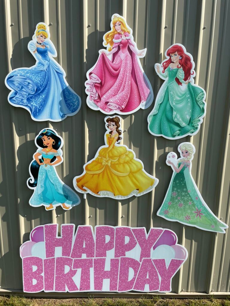 Disney Princess Pink Happy Birthday Characters in this theme include Cinderella, Aurora, Ariel, Jasmine, Belle, and Elsa. Themes