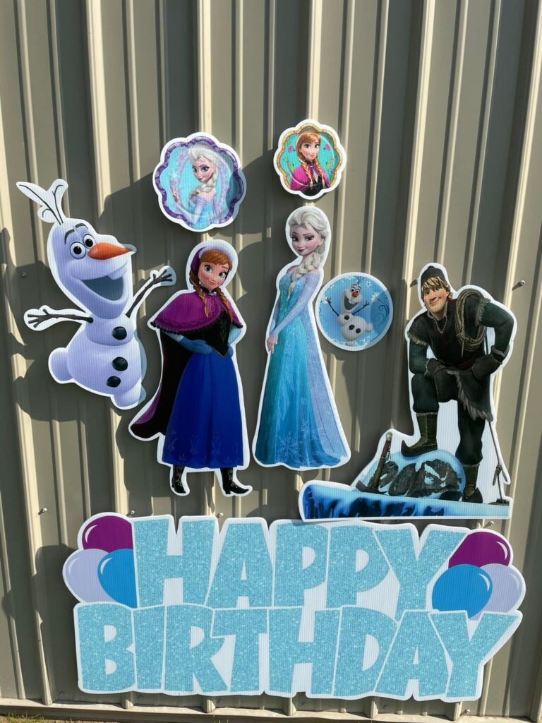 Blue Happy Birthday with the Characters Olaf, Anna, Elsa, and Kristoff. Themes