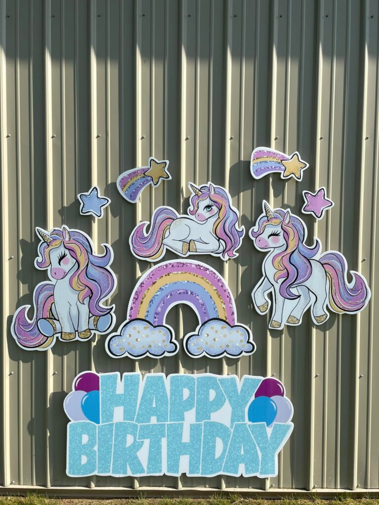 Unicorn Blue Happy Birthday Characters in this theme include Unicorns, Rainbows, and stars.