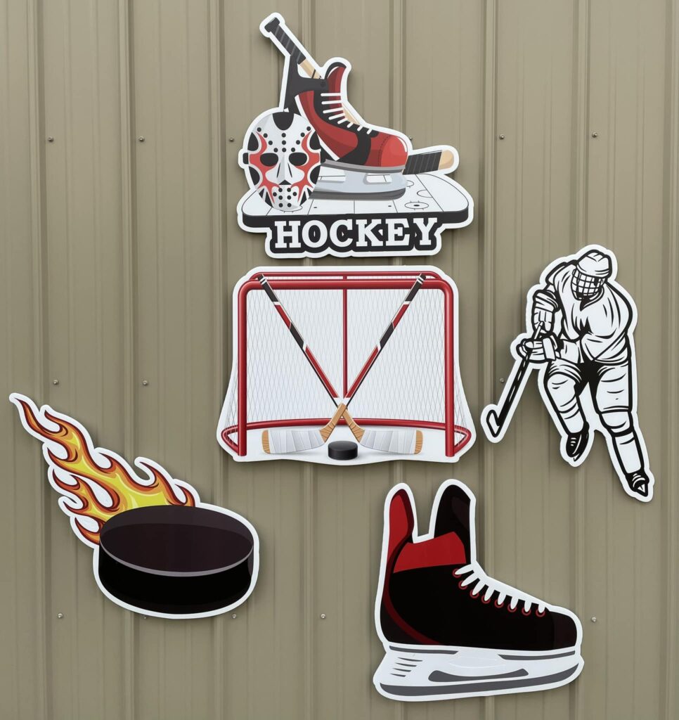 Hockey Net, skates, puck, player. Themes