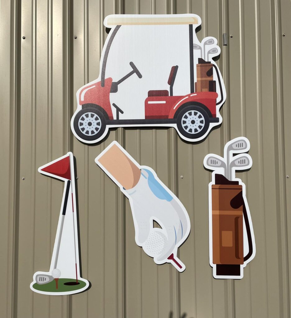 Golf cart, golf ball, tee, flag, golf bag and clubs. Themes