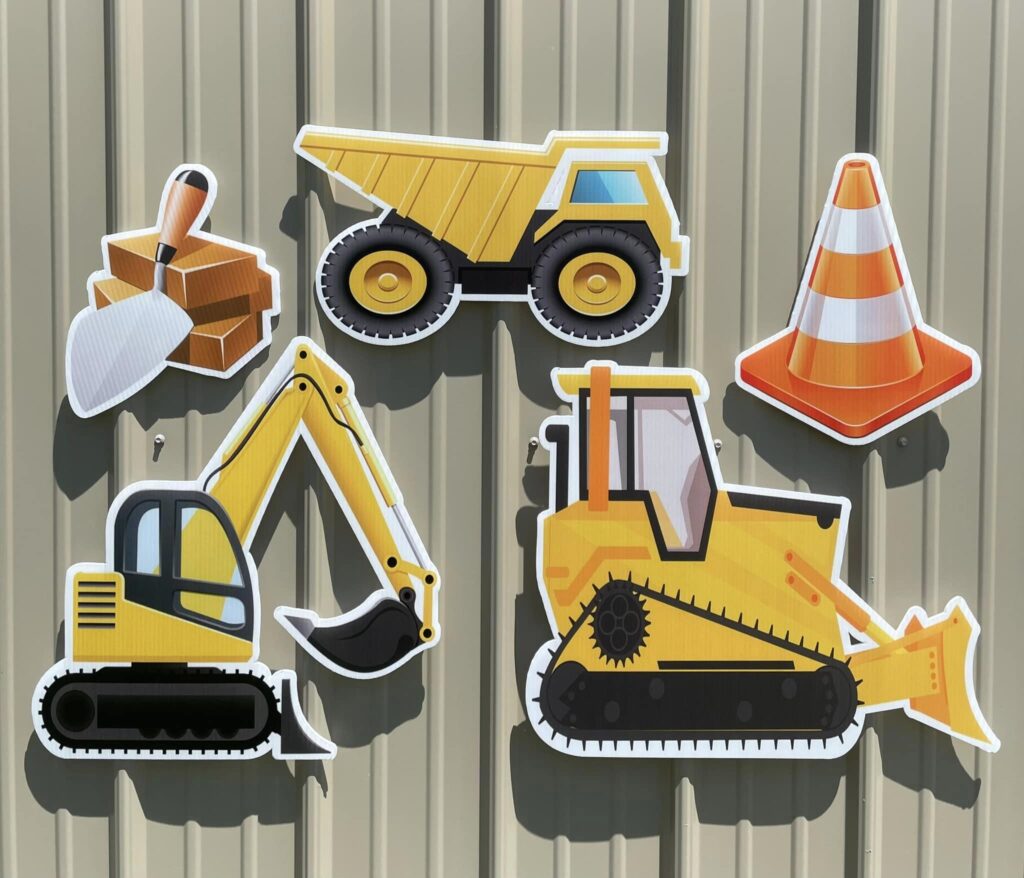 Trucks, loader, bull dozer bricks, pylon cone