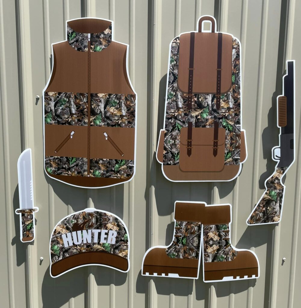 Vest, rifle, boots, cap, knife, back pack